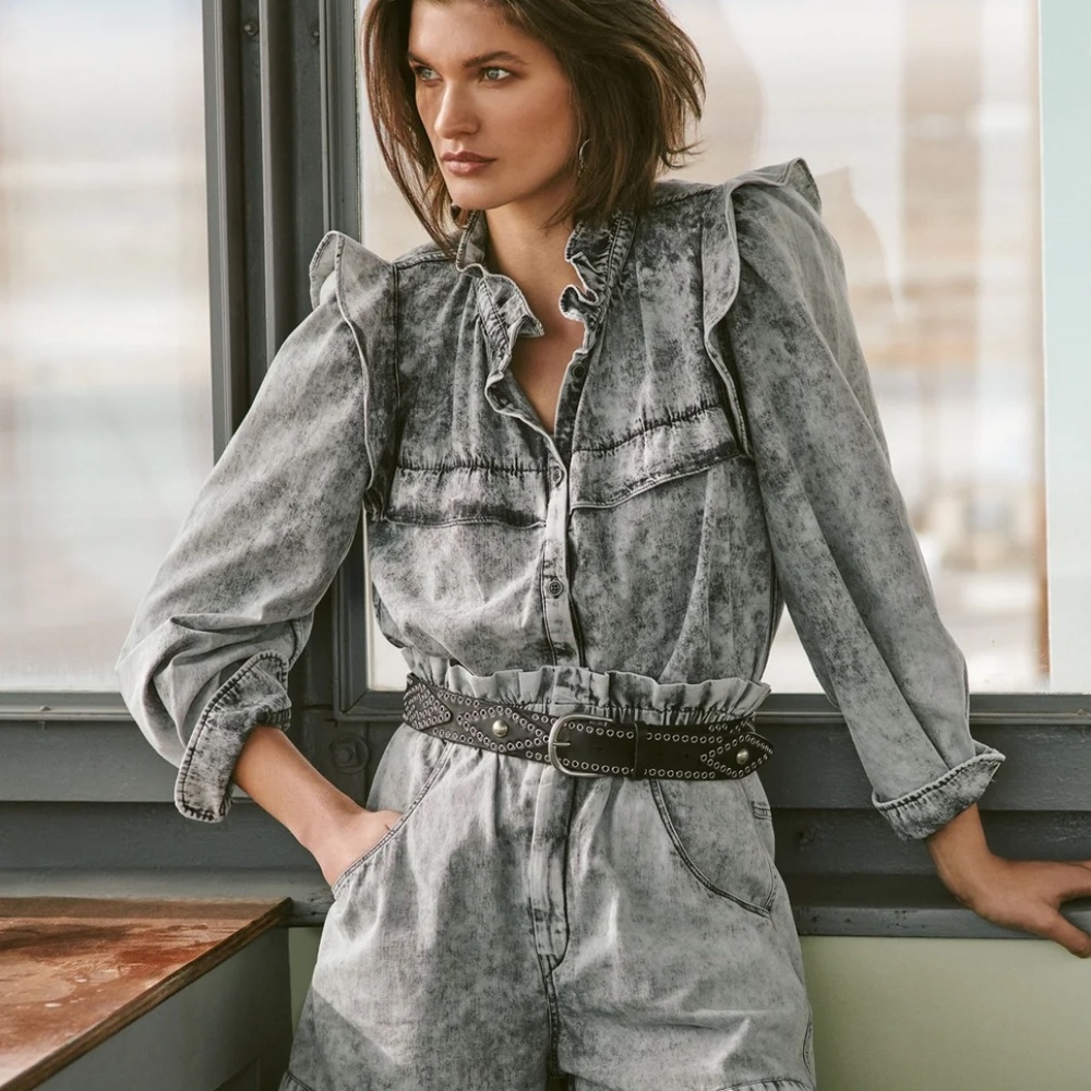 Isabel Marant Étoile Idety Ruffled Denim Shirt Gray 42 (10)